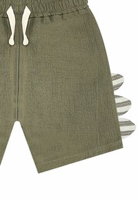 Olivgröna shorts med elastisk midja och dragsko, med vita detaljer och randiga tyger som liknar fenor på sidorna.