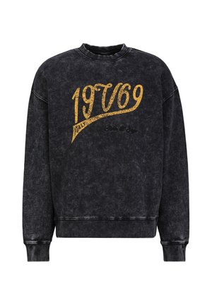 Schwarzer gewaschener Sweatshirt mit Rundhalsausschnitt und gelbem "19V69 Italy"-Text auf der Brust sowie gerippten Bündchen und Saum.
