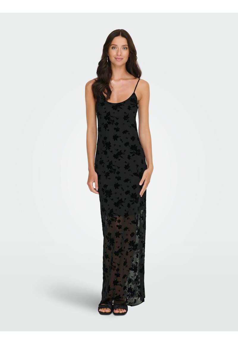 Svart maxikjole med blomstret blondermønster, spaghettistropper og gjennomsiktig nedre del. Glatt tekstur med en tettsittende overdel og flytende silhuett.