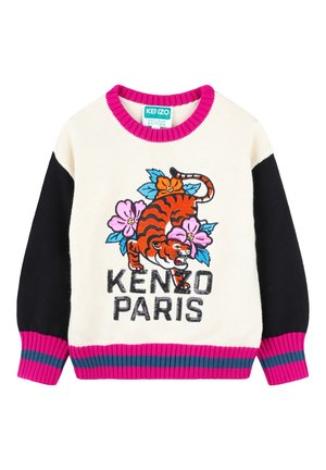 Witte, zwarte en roze trui met een brullende tijger en bloemenafbeelding boven de tekst "Kenzo Paris" aan de voorkant.