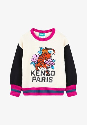 Biały, czarny i różowy sweter z grafiką ryczącego tygrysa i kwiatów nad napisem „Kenzo Paris” na przodzie.