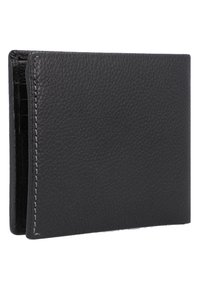 Portafoglio in pelle nera con esterno testurizzato, design compatto e cuciture grigio chiaro. Presenta più slot per carte e uno stile a pieghe.