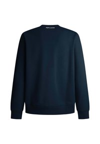 Marineblå genser med teksturert stoff, rund halslinning og ribbestrikkede mansjetter og nederkant. Har "PEPE JEANS"-logo på baksiden.