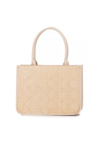 Borsa beige con design tessuto testurizzato, forma rettangolare e due manici robusti. Accenti in pelle liscia lungo i bordi.