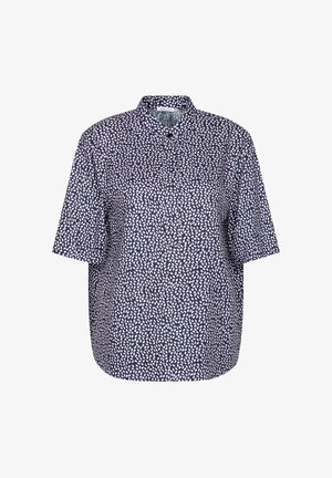 Granatowa bluzka z krótkim rękawem w białe abstrakcyjne wzory płatków, z kołnierzem typu mandarynka i ukrytymi guzikami z przodu.