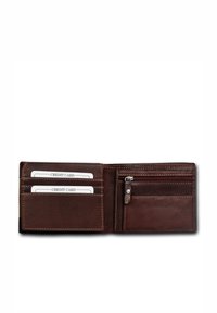 Portefeuille en cuir marron avec plusieurs emplacements pour cartes de crédit, compartiment pour pièces zippé et coutures contrastées pour des détails supplémentaires.