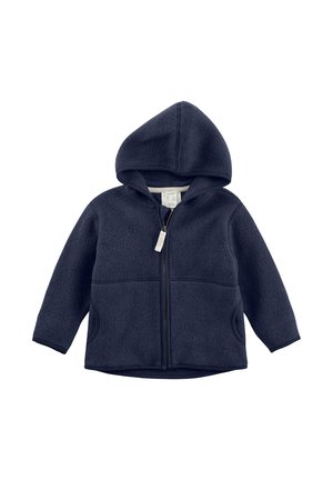 Marineblaue Fleecejacke mit Kapuze, ausgestattet mit einem durchgehenden Reißverschluss, Seitentaschen und einer glatten Textur. Einfaches Design ohne Muster.