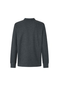 Maglione grigio scuro con una texture a coste, colletto e maniche lunghe. Design semplice senza motivi o decorazioni visibili.