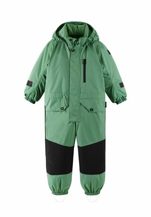Green waterproof overall with black accents, elastic cuffs, a hood, and a front zipper. Features pockets and a breathable design.