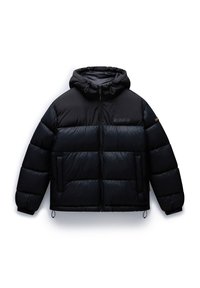 Giubbotto in piumino nero con cappuccio, dotato di chiusura con zip, polsini elasticizzati e due tasche frontali. Realizzato in materiale imbottito e lucido.