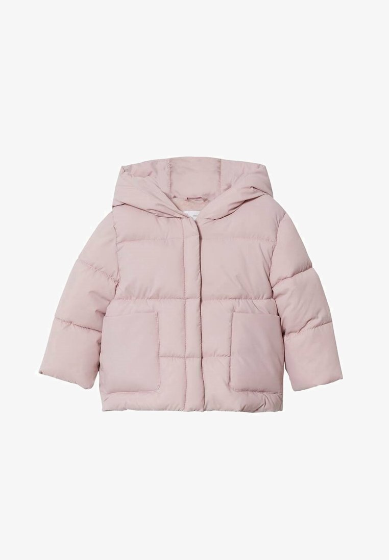 Jasnoróżowa pikowana kurtka puchowa z kapturem, długimi rękawami, przednimi kieszeniami i przeszyciami.