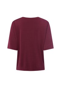 T-shirt bordeaux a maniche corte con scollatura rotonda e vestibilità morbida, realizzato in tessuto soffice con una superficie liscia. Vista posteriore mostrata.