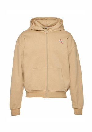 Beige mikina na zip ze měkké bavlny, s klokaní kapsou, žebrovanými manžetami a spodním lemem a vyšitým logem na levé hrudi.