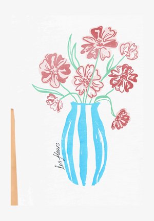 Jarrón a rayas azules y blancas que sostiene flores rosas con tallos y hojas verdes, acompañado del texto "les fleurs."