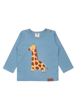 Light blue long-sleeve shirt made of cotton with a yellow giraffe graphic featuring brown spots, two shoulder snaps, and a brown logo tag.