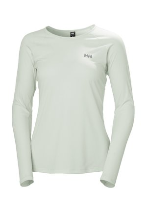 Light green long-sleeve shirt made of lightweight fabric, featuring a round neckline, textured surface, and small silver logo on the chest.