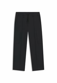 Black cargo pants made of nylon. Features an elastic waistband with a drawstring, side pockets, and flat front design.