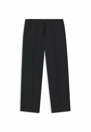 Black cargo pants made of nylon. Features an elastic waistband with a drawstring, side pockets, and flat front design.