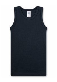 Dark navy blue sleeveless organic cotton tank top with round neck and size label inside the collar.