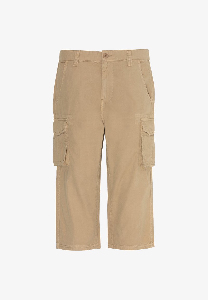 Shorts cargo beiges en coton, avec un bouton de fermeture, plusieurs poches et une coupe droite. Texture lisse, longueur au niveau des genoux.