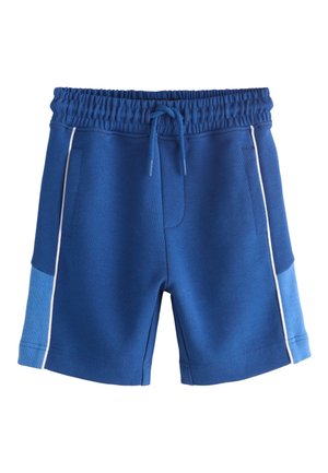 Blaue Sportshorts mit elastischem Bund, Kordelzug, seitlichen Taschen, weißer Paspelierung und hellblauen Einsätzen an den äußeren Beinen.