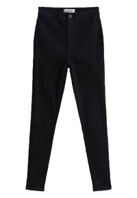 Černé džíny skinny střihu z denimu s hladkou strukturou, vybavené zapínáním na knoflíky, poutky na pásek a předními kapsami.