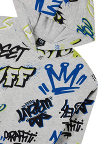 Felpa grigia con stampa in stile graffiti colorata in blu, nero e verde neon. Include una tasca frontale e un cappuccio con cordino.