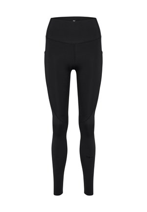 Zwarte naadloze sportlegging met hoge taille, flatlocknaden en een klein reflecterend logo op het onderbeen, afgebeeld op een witte achtergrond.