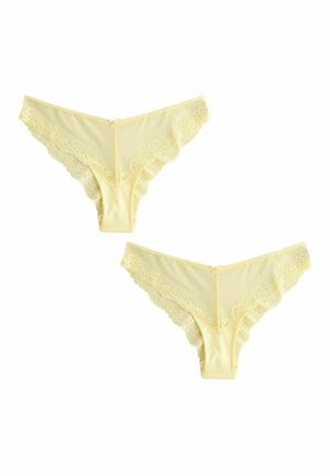 Két sárga, csipkés női bugyi, elölről és hátulról fehér háttéren.