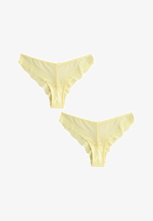Két sárga, csipkés női bugyi, elölről és hátulról fehér háttéren.