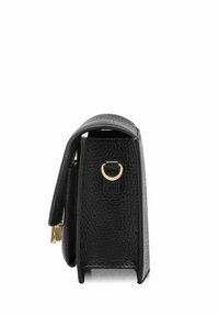 Czarna skórzana torebka o fakturowanej powierzchni, prostokątnym kształcie, z górnym uchwytem i złotymi detalami. Zamek błyskawiczny widoczny z boku.