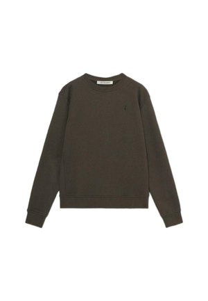 Oliwkowy sweter z miękkiej bawełny, z okrągłym dekoltem, długimi rękawami i ściągaczami oraz małym, haftowanym logo na piersi.