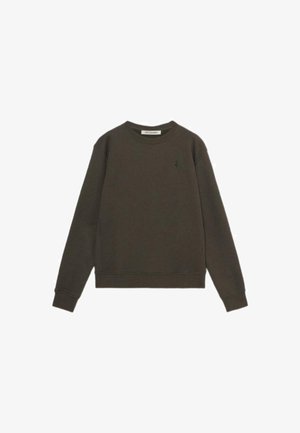 Olivgrüner Pullover aus weichem Baumwollstoff mit Rundhalsausschnitt, langen Ärmeln und gerippten Bündchen sowie einem kleinen, gestickten Logo auf der Brust.