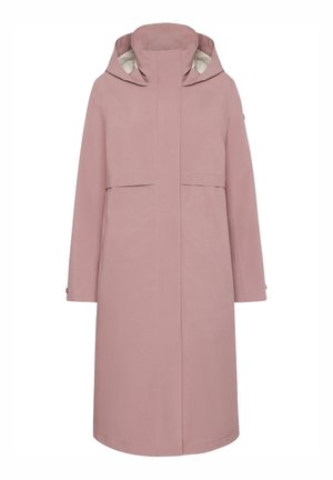 Imperméable rose long avec un col montant et une capuche, présentant une coupe droite, des poches plaquées à l'avant et une texture lisse.