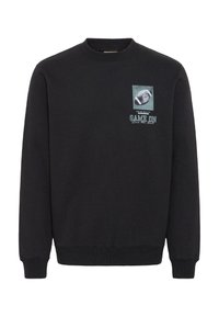 Black sweatshirt with long sleeves, crew neck, and ribbed cuffs. Features a front graphic depicting a football and text "GAME ON."