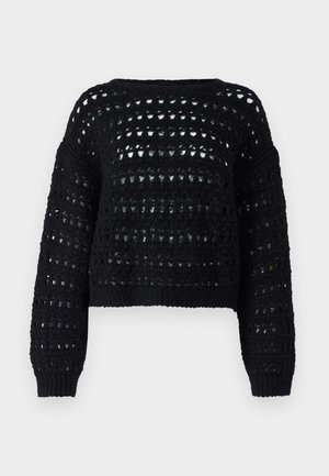 Maglione in crochet nero con un motivo di lavorazione grosso e allentato, maniche ampie e design corto. Orlo e polsini a costine.