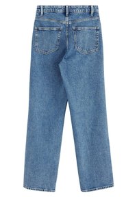 Jeans in denim azzurro chiaro con vita alta, taglio dritto e tasche posteriori. Presentano un tessuto testurizzato e orli cuciti.
