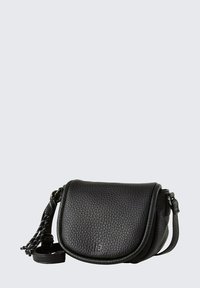 Borsa a tracolla nera in pelle con superficie texturizzata, forma arrotondata, dettaglio con frange e tracolla regolabile. Chiusura a pattina.