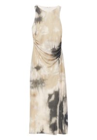 Vestido sin mangas a la altura de la rodilla, confeccionado en una tela suave con un patrón de tinte anudado en tonos beige, marrón y gris, que presenta fruncidos laterales y un escote redondeado.