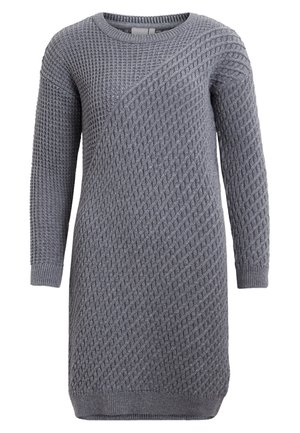 Vestito maglione grigio con maniche lunghe e motivi testurizzati misti, caratterizzato da un design diagonale sul petto e sulle braccia.