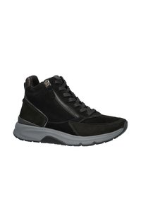 Black suede high-top sneaker with textured gray accents, double zipper detail, and a cushioned rubber sole. Laces in dark gray.