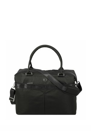Black rectangular travel bag with two handles, adjustable shoulder strap, front zipper pocket, and subtle brand logo on front center.