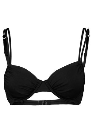 Zwart bikini-top met onderbedrading, zachte cups, verstelbare dunne schouderbandjes en een centrale twistdetail aan de voorkant. Textuurstofafwerking.