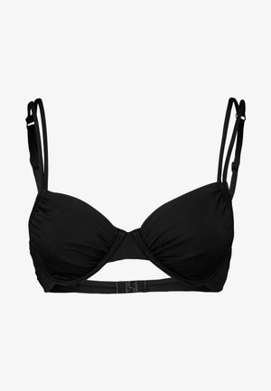 Top de bikini negro con aros, copas suaves, tirantes finos ajustables y un detalle de torsión central en la parte delantera. Acabado de tela texturizada.