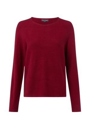 Maglione da donna a maniche lunghe con scollo tondo in tessuto a maglia di un profondo rosso uniforme, design semplice con maniche raglan.