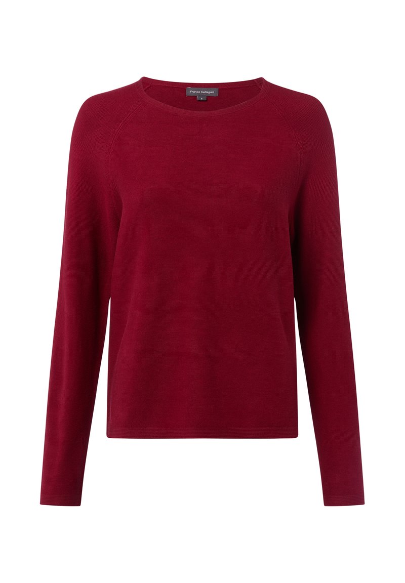 Damski sweter z długim rękawem i okrągłym dekoltem, wykonany z jednolitej, ciemnoczerwonej dzianiny, prosty design z rękawami raglanowymi.