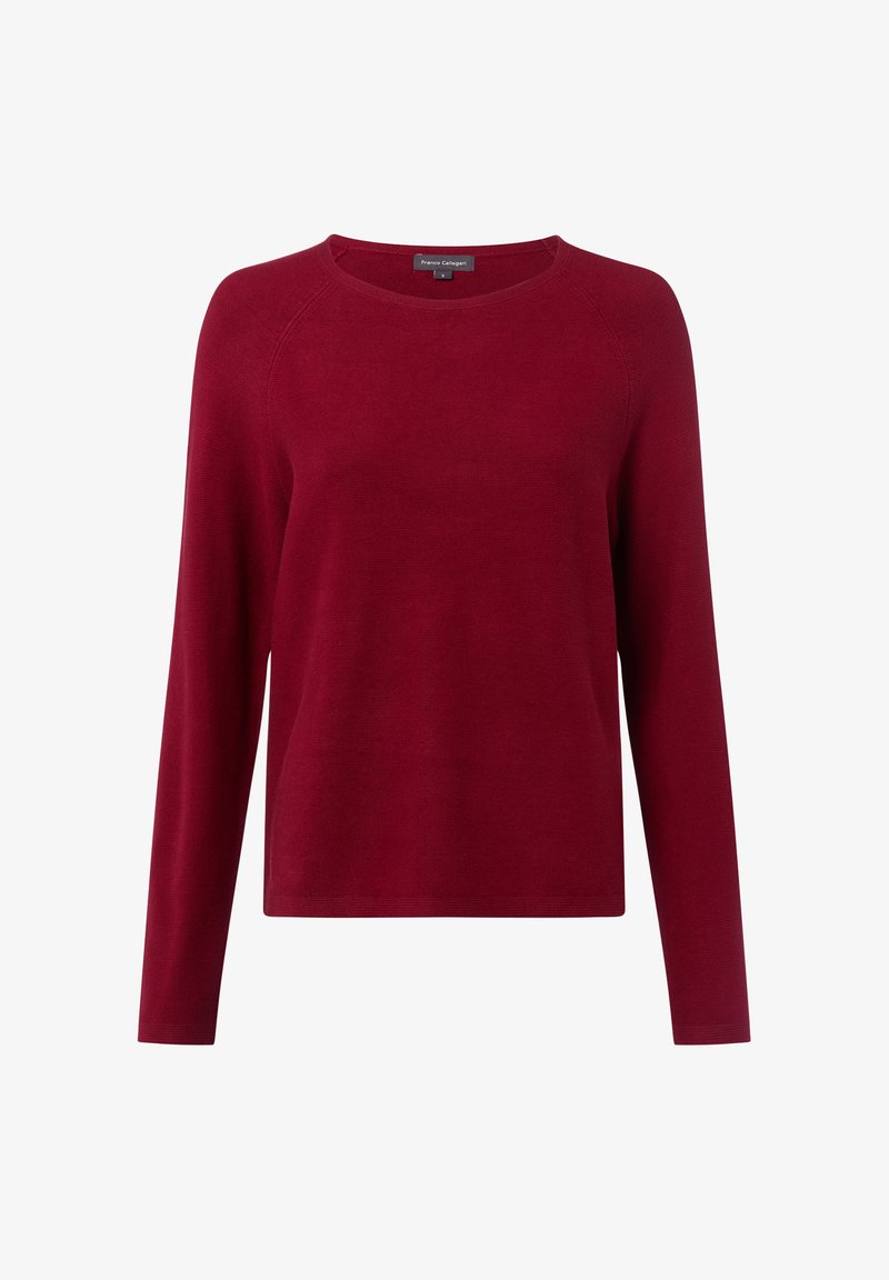 Damski sweter z długim rękawem i okrągłym dekoltem, wykonany z jednolitej, ciemnoczerwonej dzianiny, prosty design z rękawami raglanowymi.