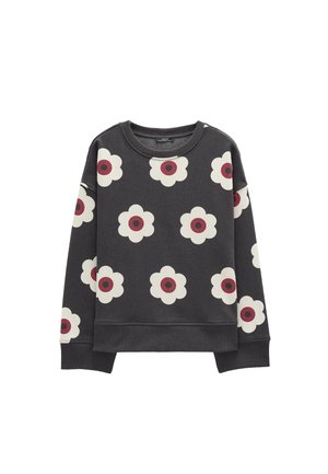 Ciemnoszara bluza z długim rękawem z kremowo-bordowymi wzorami kwiatów, z prążkowanymi mankietami i dołem oraz okrągłym dekoltem.