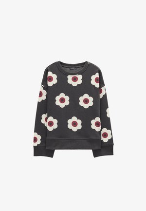 Ciemnoszara bluza z długim rękawem z kremowo-bordowymi wzorami kwiatów, z prążkowanymi mankietami i dołem oraz okrągłym dekoltem.