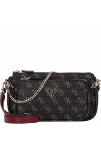 Borsa a tracolla sintetica nera con motivo a logo marrone, catena argentata e tracolla bordeaux. Caratterizzata da scomparti con cerniera e placchetta con logo.